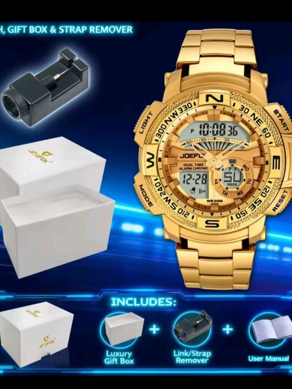 Men's Gold Sports Watch Dual Display LED Digital Wristwatch